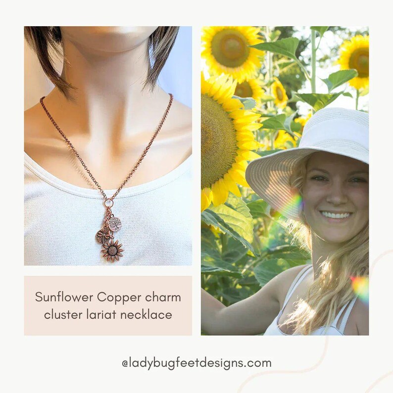 Sunflower Copper Charm Keeper Necklace, 18-24 inch - - LadybugfeetDesigns -