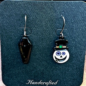 Mismatched Creepy Snowman/Coffin Halloween Earrings VI - - LadybugfeetDesigns -