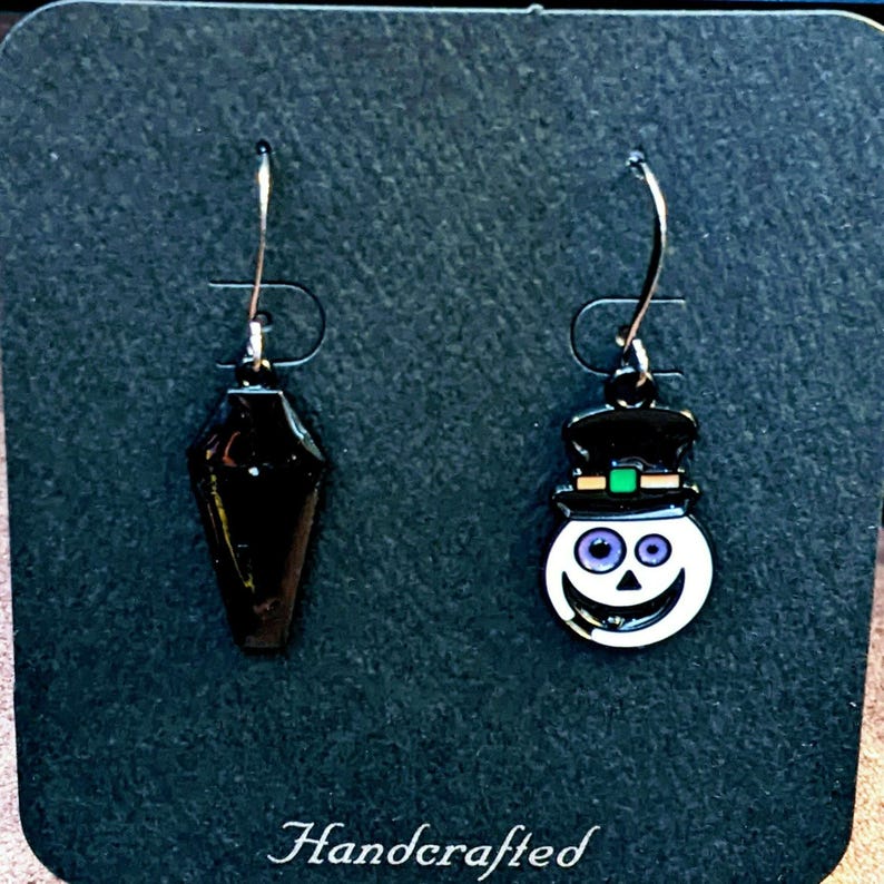 Mismatched Creepy Snowman/Coffin Halloween Earrings VI - - LadybugfeetDesigns -