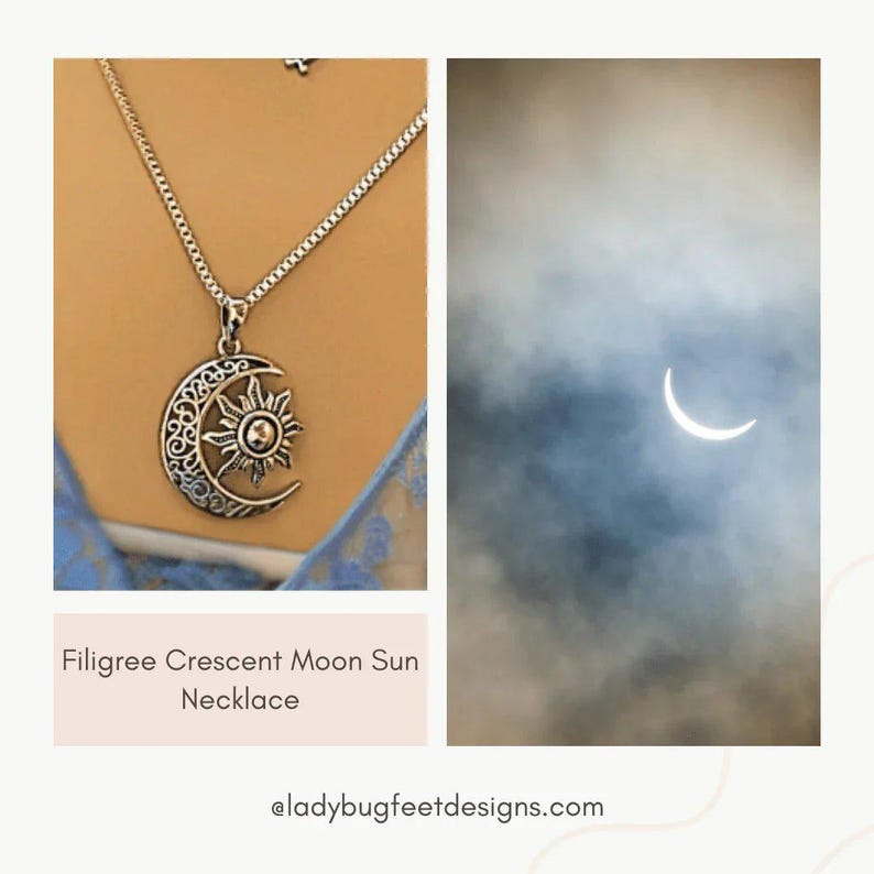 Filigree Crescent Moon Sun Necklace, Sterling Silver- 24 inches - - LadybugfeetDesigns -