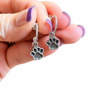Dog/Cat Paw Mini Hoop Huggie Earrings, Silver- 12mm - - LadybugfeetDesigns -