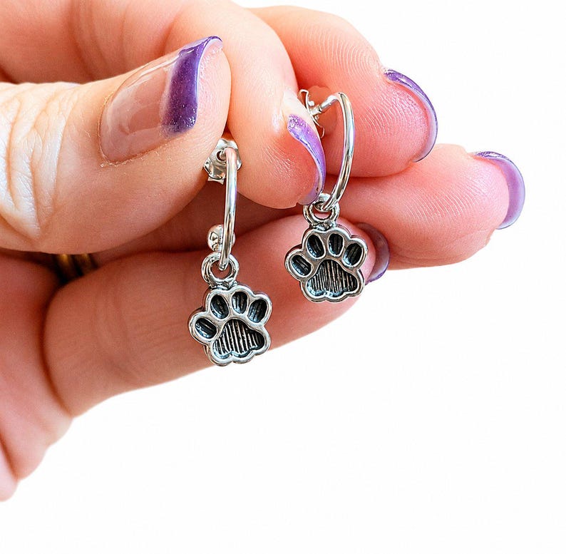 Dog/Cat Paw Mini Hoop Huggie Earrings, Silver- 12mm - - LadybugfeetDesigns -