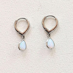 Opal Huggie Hoop earrings, 15mm Hoop Drop, Silver/Gold - - LadybugfeetDesigns -
