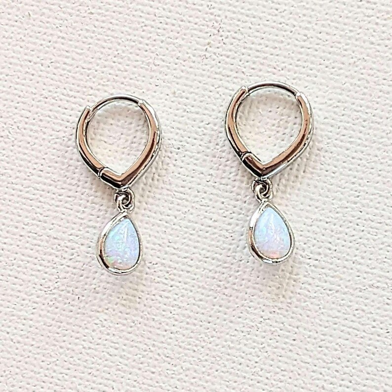 Opal Huggie Hoop earrings, 15mm Hoop Drop, Silver/Gold - - LadybugfeetDesigns -