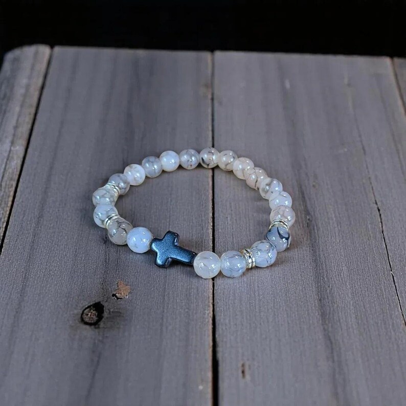 Gray Smoke Beaded Cross Stretch Bracelet-UNISEX - - LadybugfeetDesigns -