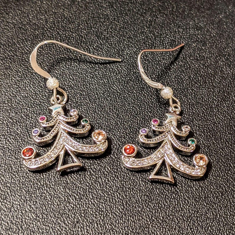 Rhinestone Christmas Tree dangle earrings - - LadybugfeetDesigns -