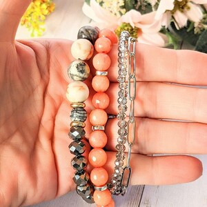Peach Dream Crystal Beaded layered cuff bracelet - - LadybugfeetDesigns -