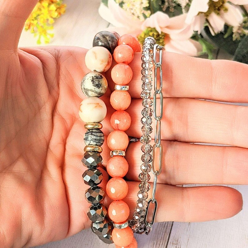 Peach Dream Crystal Beaded layered cuff bracelet - - LadybugfeetDesigns -