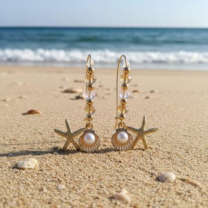 Pearl Clam Shell Starfish Crystal charm necklace and Earring set, Gold - - LadybugfeetDesigns -