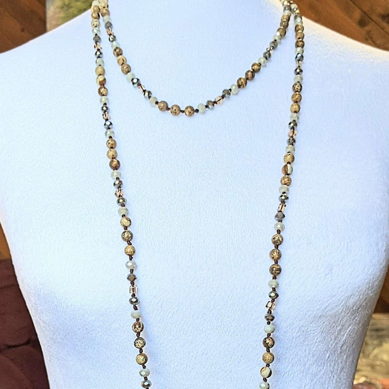 Picture Jasper Semi-Precious Gemstone Necklace - 60 inch - - LadybugfeetDesigns -
