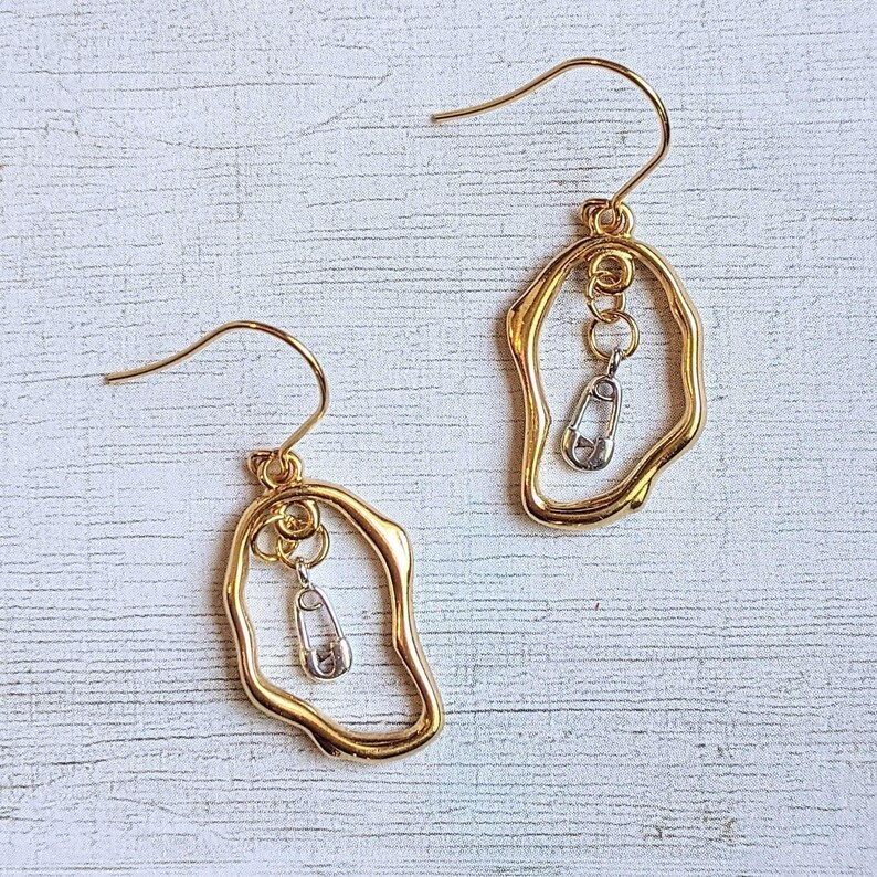 Safety Pin Two-Tone dangle earrings, Gold - - LadybugfeetDesigns -