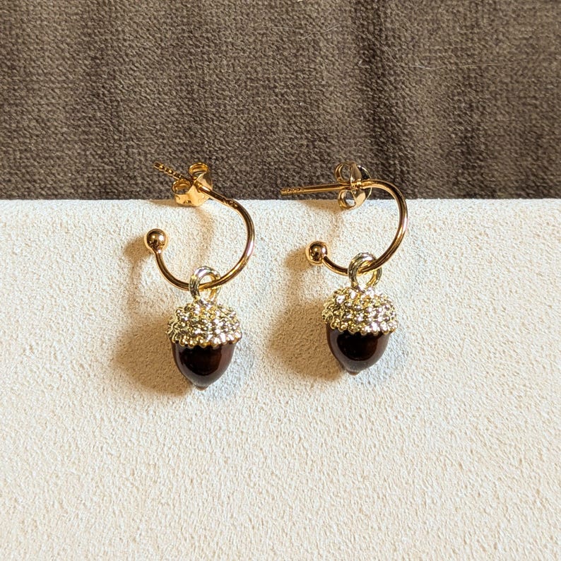 Acorn Hoop Earrings, Gold - 12mm - - LadybugfeetDesigns -
