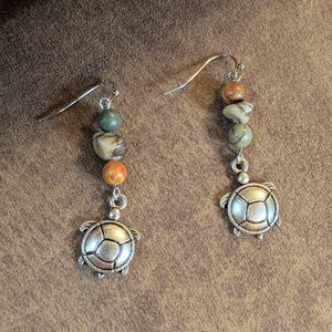 Turtle Red Creek Jasper Hook Earrings, Silver - - LadybugfeetDesigns -