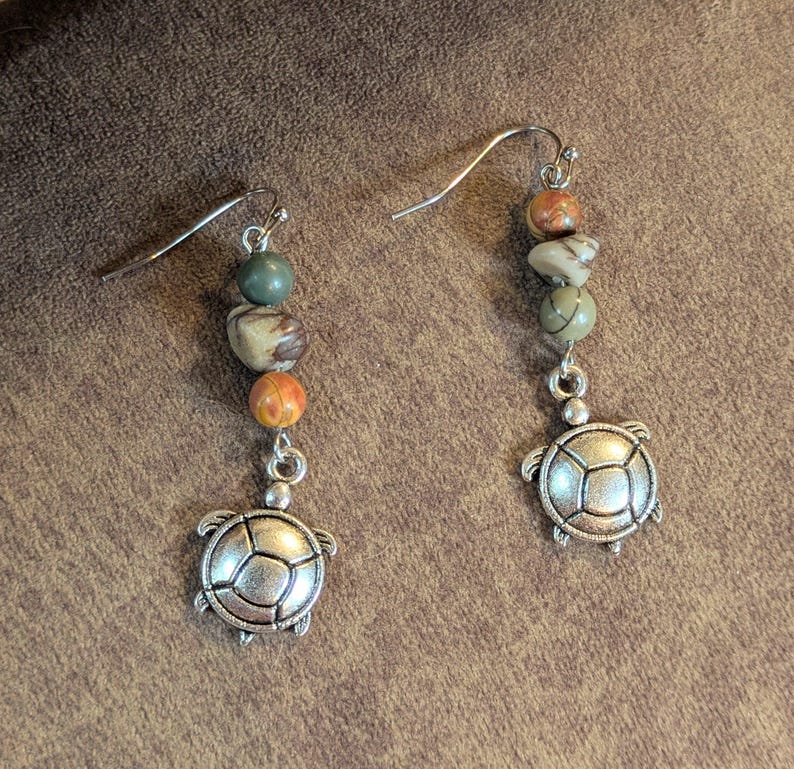 Turtle Red Creek Jasper Hook Earrings, Silver - - LadybugfeetDesigns -