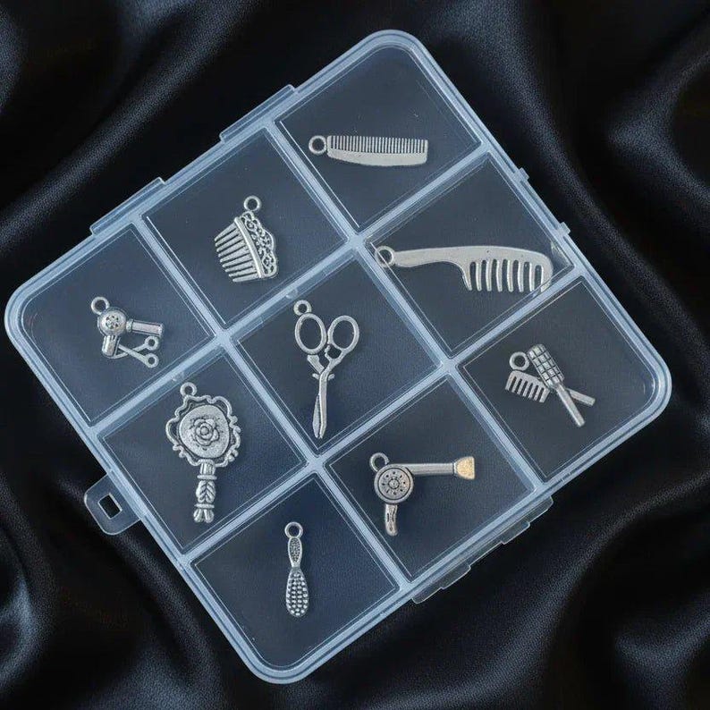 Hair Dresser Charm Box - 9 pc., Silver - - LadybugfeetDesigns -