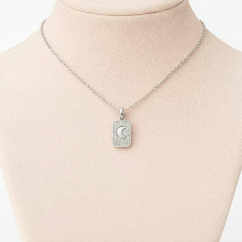 CZ Crescent Moon Tag Necklace, Silver - 20 inch - - LadybugfeetDesigns -