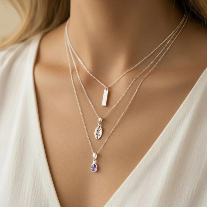 Silver Bar Amethyst Initial Leaf Layered Necklace Set, Silver - - LadybugfeetDesigns -