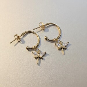 CZ Dragonfly Gold Hoop earrings, Hoop Drop, 16mm - - LadybugfeetDesigns -
