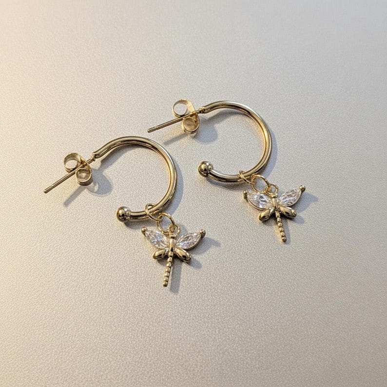 CZ Dragonfly Gold Hoop earrings, Hoop Drop, 16mm - - LadybugfeetDesigns -