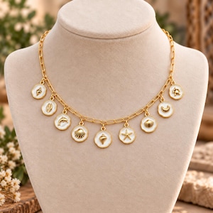 Beach Lover Multi Charm Link Necklace, Gold- 20 inch - - LadybugfeetDesigns -