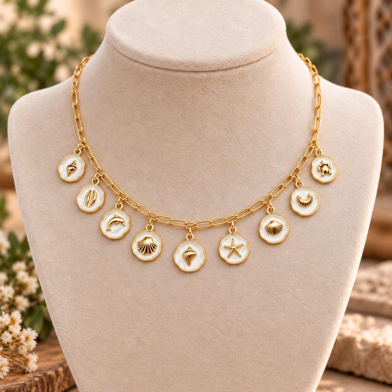 Beach Lover Multi Charm Link Necklace, Gold- 20 inch - - LadybugfeetDesigns -