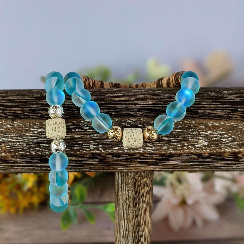 Iridescent Blue Mystic Aura Quartz Gemstone Diffuser bracelet - - LadybugfeetDesigns -