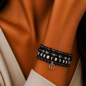 Black Crystal Peace Sign Stretch Bracelet Stack - - LadybugfeetDesigns -