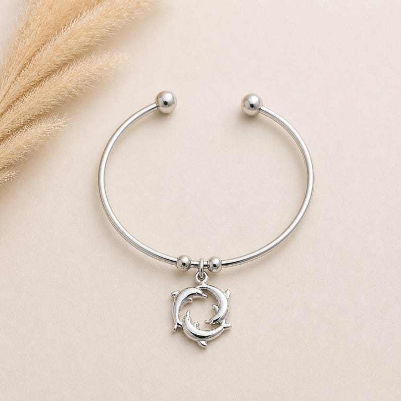 Dolphin Trio Euro Bangle Cuff, Silver - - LadybugfeetDesigns -
