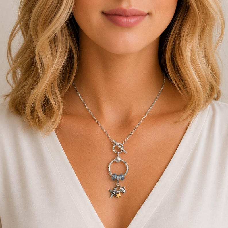 Sea Life Sterling Silver Toggle Charm Necklace, 20 inches - - LadybugfeetDesigns -