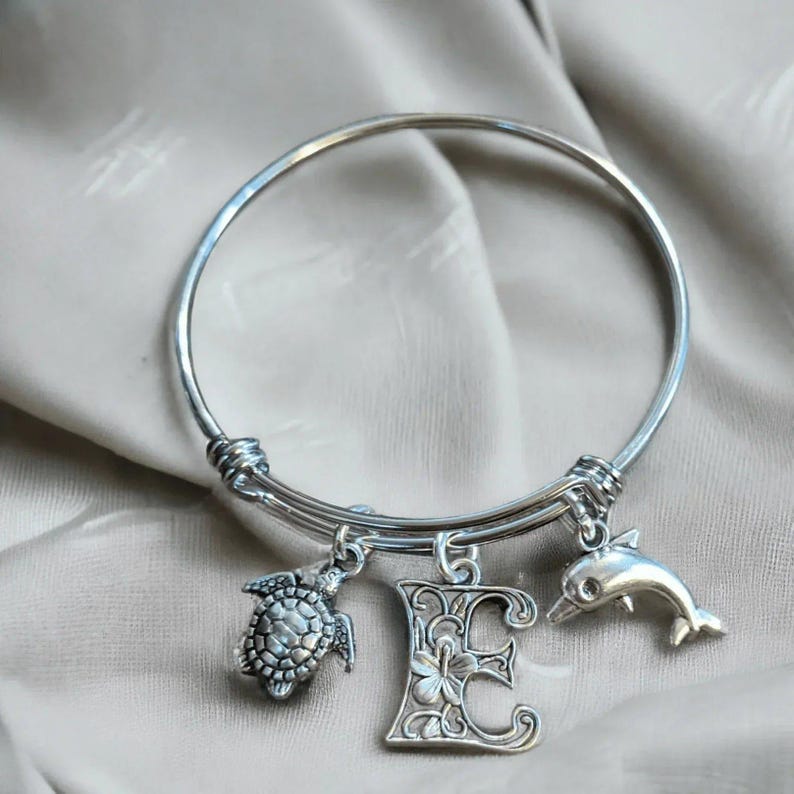 Beach - Dolphin, Sea Turtle, Sea Shell Child's Bangle bracelet - - LadybugfeetDesigns -
