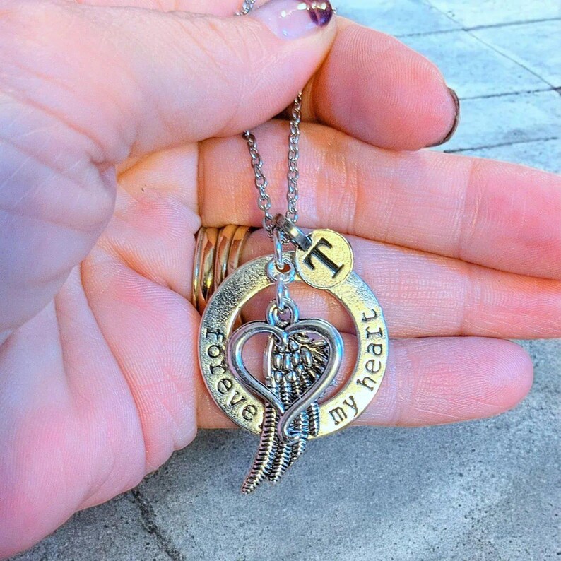 Forever in My Heart Initial Memory necklace, Silver - 20 inch Unisex - - LadybugfeetDesigns -