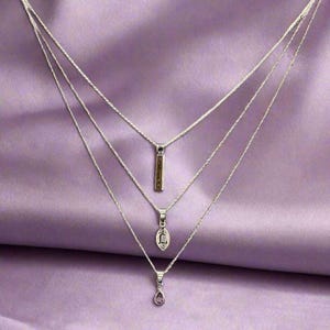 Silver Bar Amethyst Initial Leaf Layered Necklace Set, Silver - - LadybugfeetDesigns -