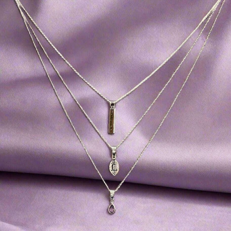 Silver Bar Amethyst Initial Leaf Layered Necklace Set, Silver - - LadybugfeetDesigns -