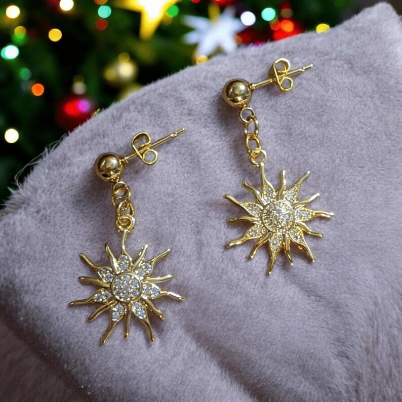 Fiery Sun Charm Drop Stud Earrings-Gold - - LadybugfeetDesigns -