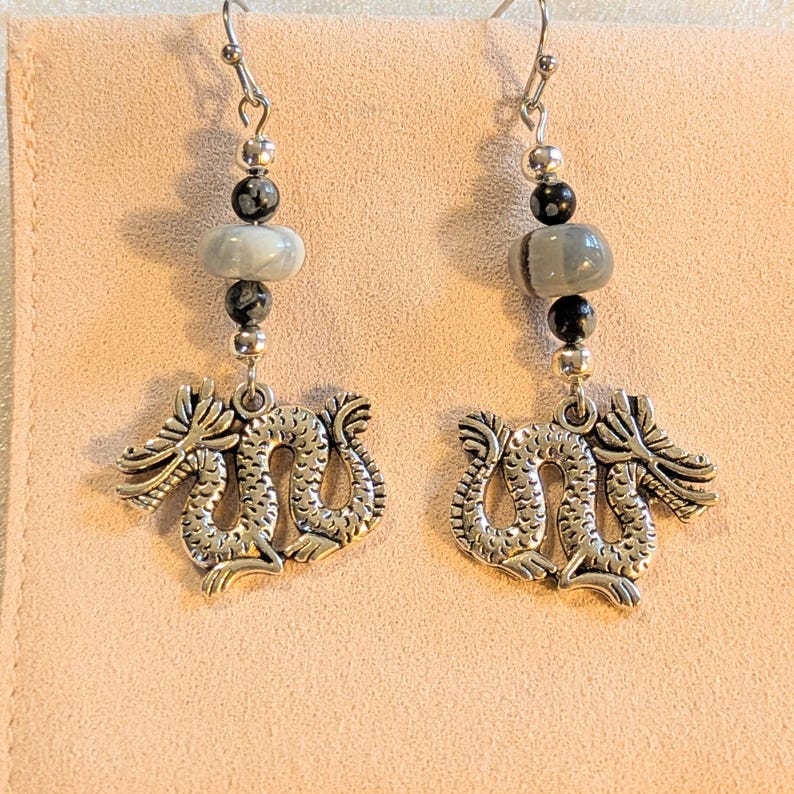 Dragon Boulder Opal Beaded Hook Earrings, Silver - - LadybugfeetDesigns -