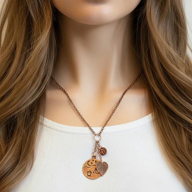 Camping Copper Charm Keeper Necklace, 18-24 inch - - LadybugfeetDesigns -