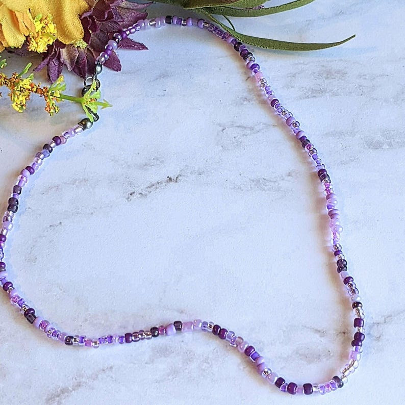 Purple Beaded Choker Necklace - 16 inch - - LadybugfeetDesigns -