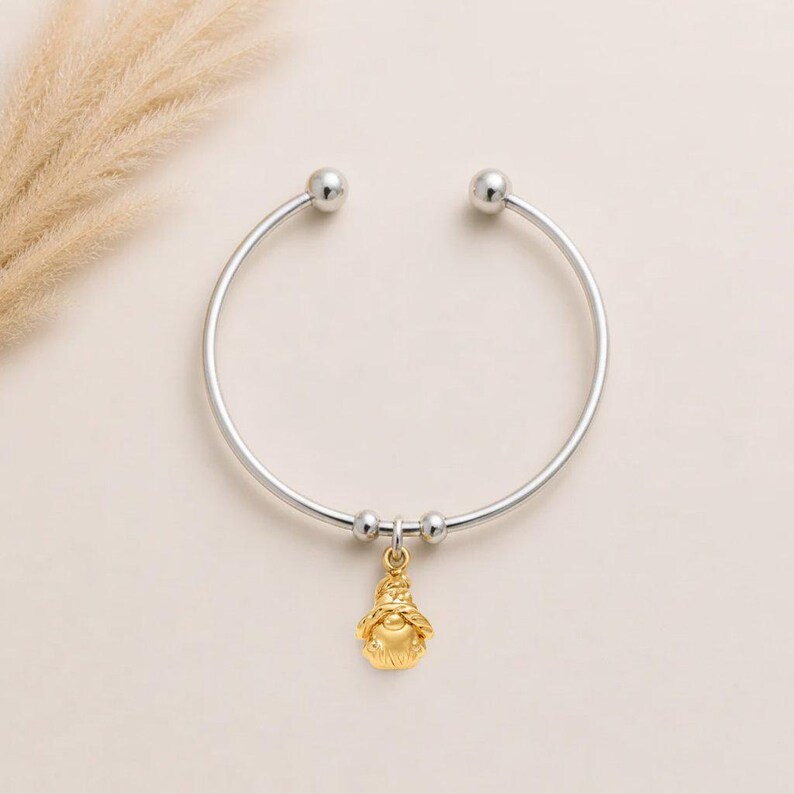 Gold Gnome Euro Bangle Cuff, Silver - - LadybugfeetDesigns -