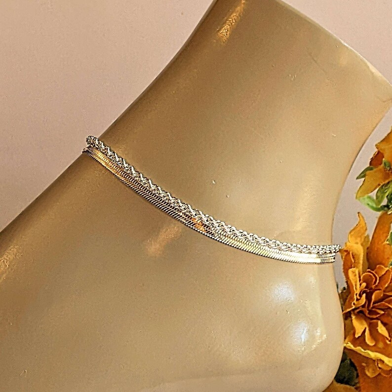 Silver Herringbone Chain Anklet - - LadybugfeetDesigns -