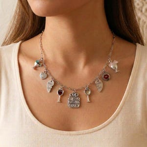Girls Night Out Multi Charm Link Necklace, Silver - 20 inch - - LadybugfeetDesigns -