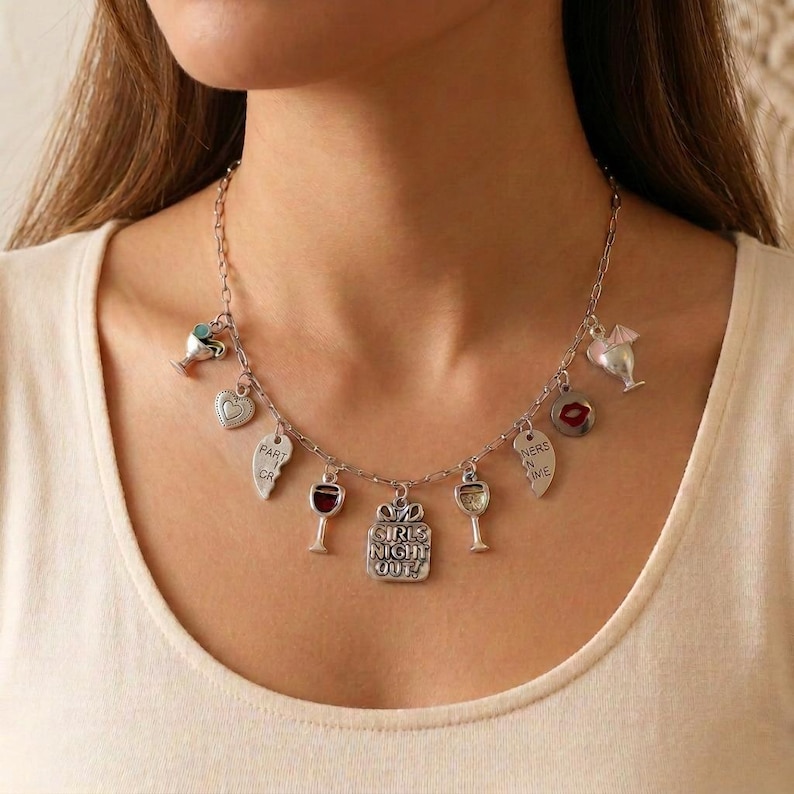 Girls Night Out Multi Charm Link Necklace, Silver - 20 inch - - LadybugfeetDesigns -