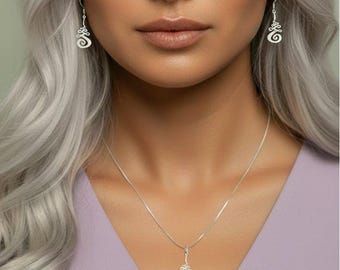 Unalome Earring/Necklace Set, Silver - Adjustable