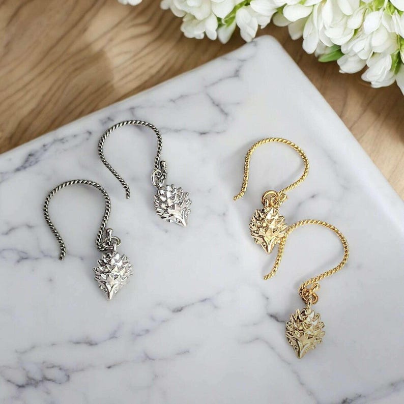 Hedgehog Dangle Hook Earrings, Gold or Silver - - LadybugfeetDesigns -