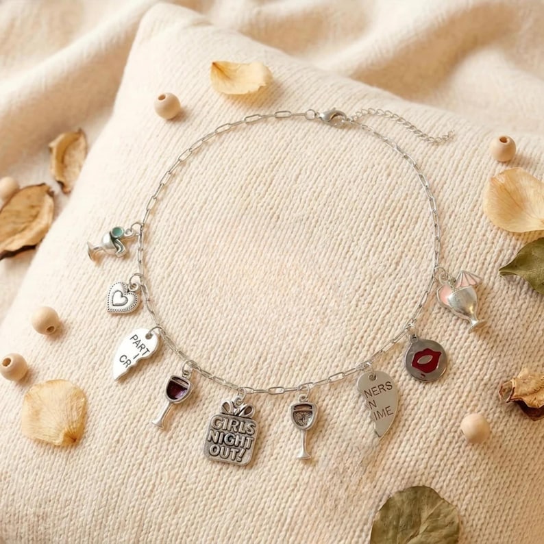 Girls Night Out Multi Charm Link Necklace, Silver - 20 inch - - LadybugfeetDesigns -
