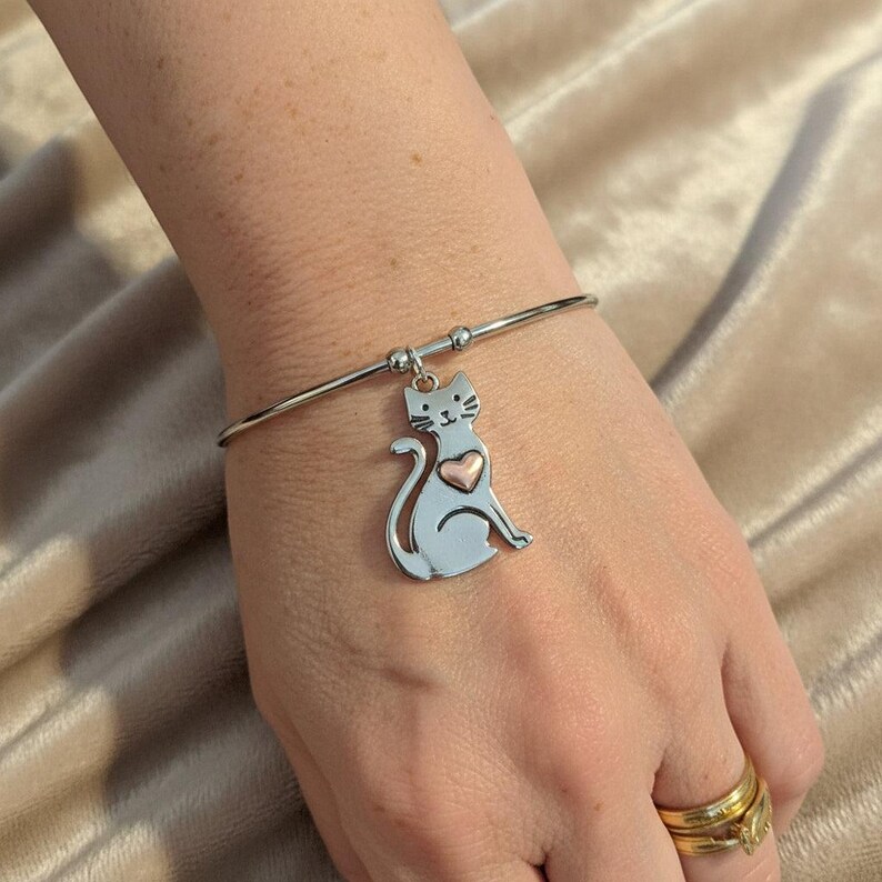 Cute Cat Euro Bangle Cuff, Silver - - LadybugfeetDesigns -
