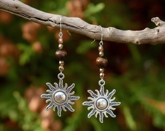 Celestial Sun Tiger's Eye Beaded Hook Earrings, Silver