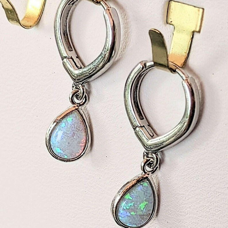 Opal Huggie Hoop earrings, 15mm Hoop Drop, Silver/Gold - - LadybugfeetDesigns -