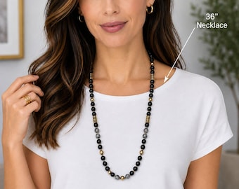 Spider Web Jasper + Hematite + Crystal Semi-Precious Gemstone Necklace - 36 inch
