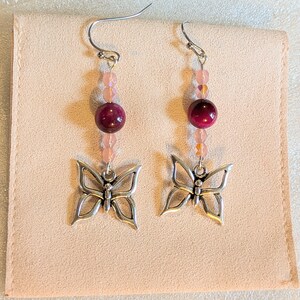 Pink Tiger's Eye Beaded Butterfly Earrings - - LadybugfeetDesigns -