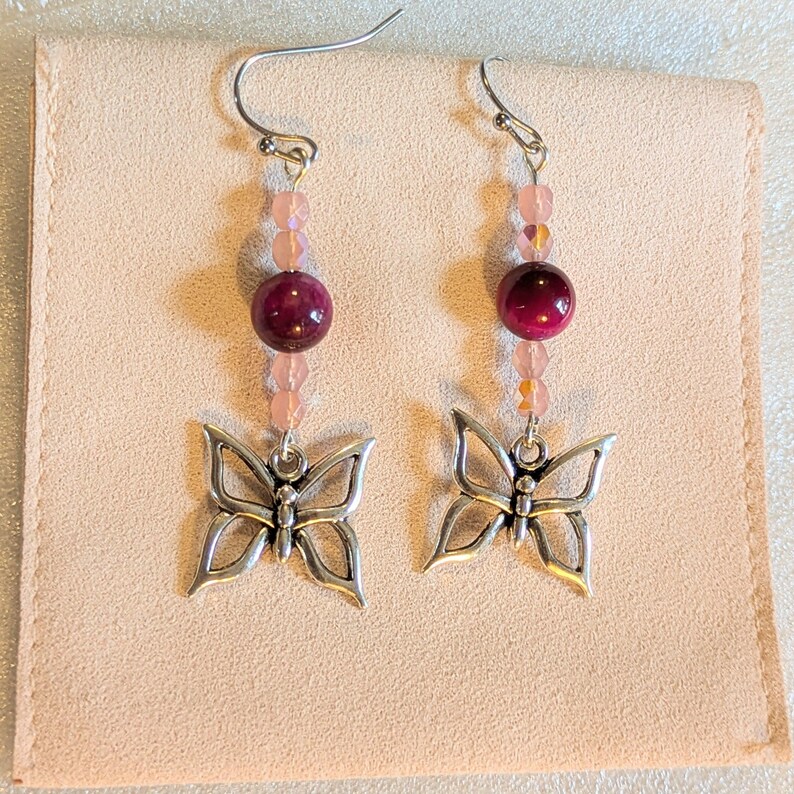 Pink Tiger's Eye Beaded Butterfly Earrings - - LadybugfeetDesigns -